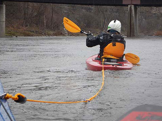 Kayak rescue using single rope tow